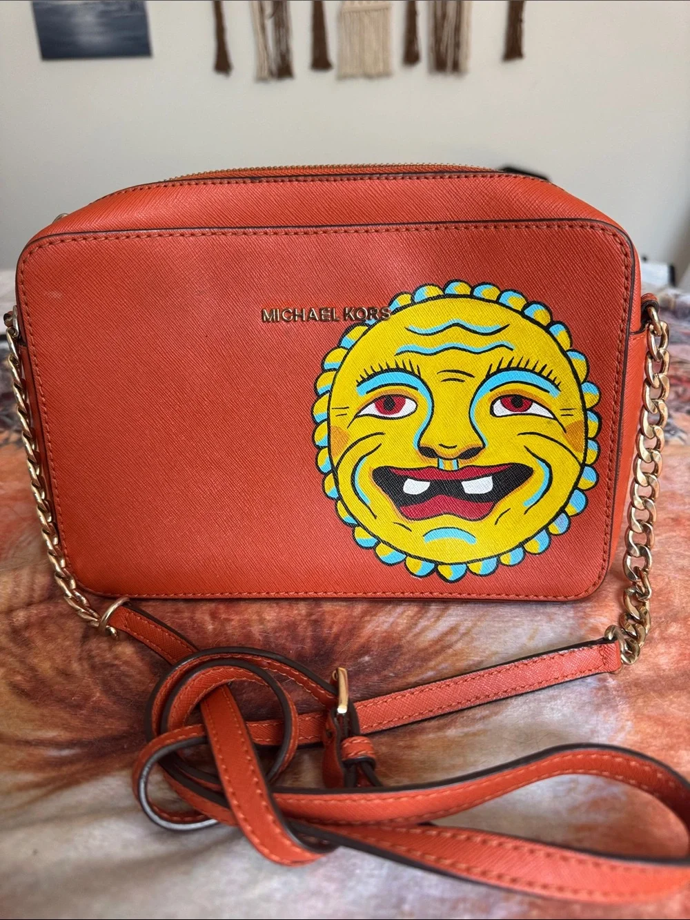 Michael Kors Orange Crossbody Bag with Handpainted Sun Graphic